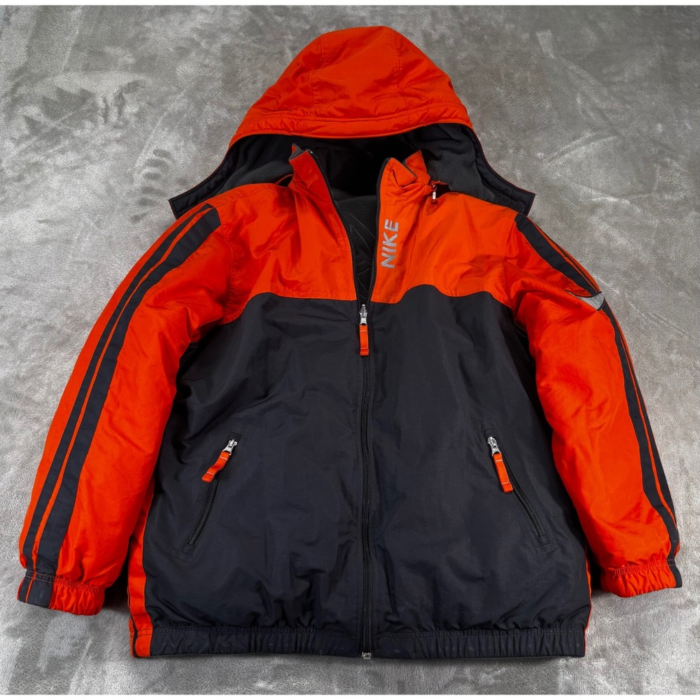 Nike Puffer Jacket Kids XL 18-20 Orange Black Good Hooded Fleece Lined Outerwear
